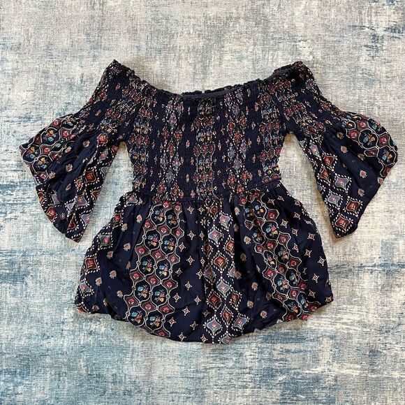 Hollister Navy Blue Boho Stretchy Off The Shoulder Peasant Style Blouse XS - Picture 1 of 9